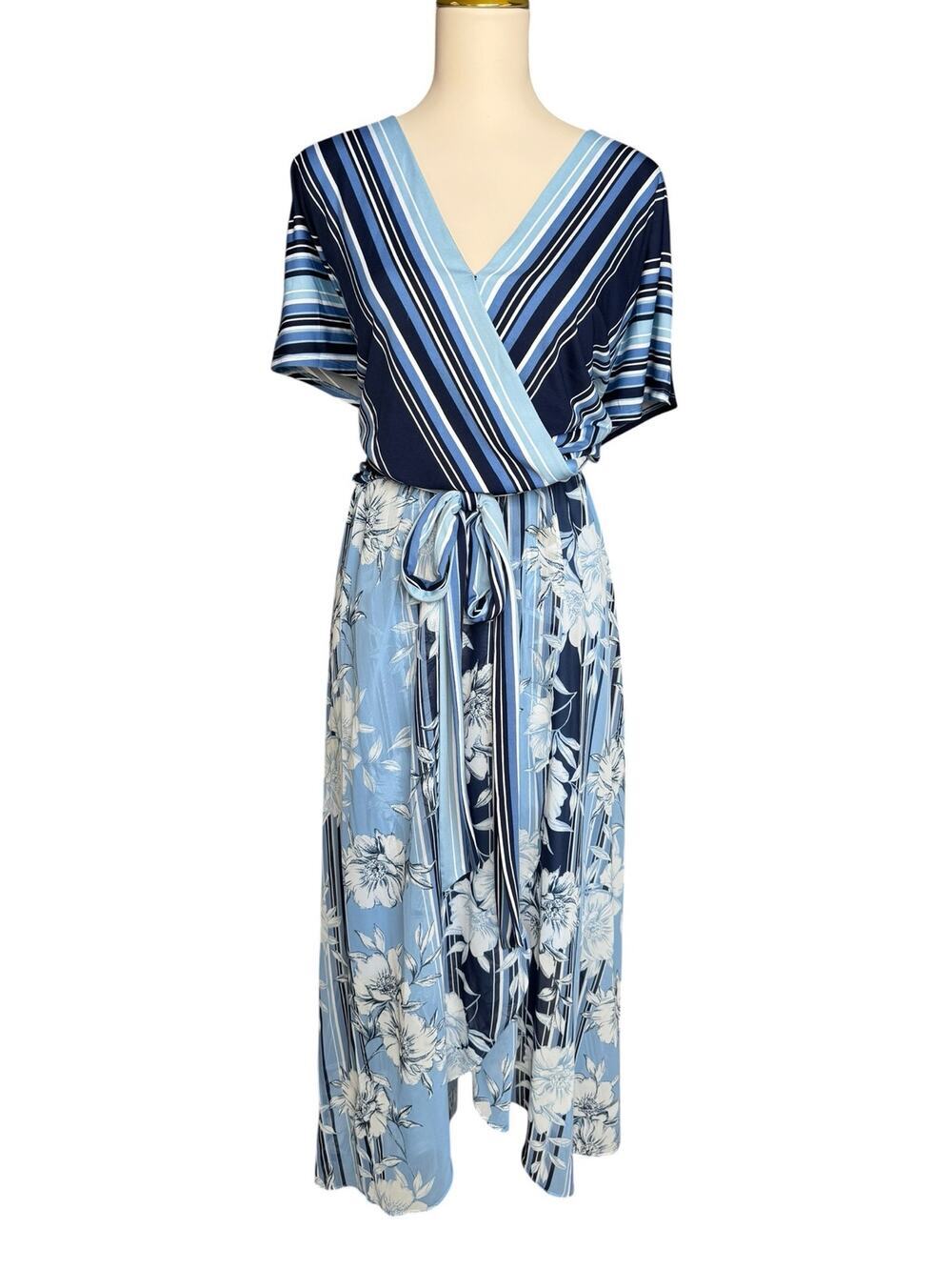 Lane Bryant Blue Floral Stripe Faux Wrap Midi Dress Belted Plus Size 22 NWT NEW